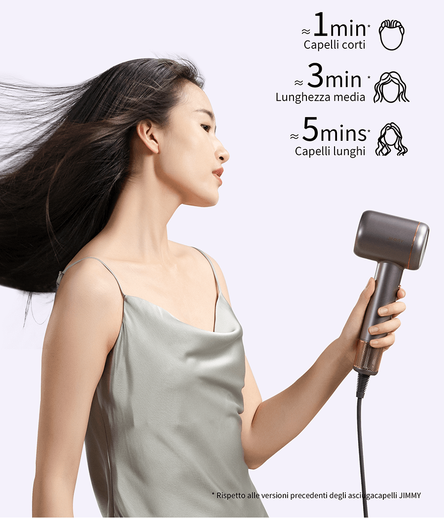 Asciugatura rapida Grazie al potente flusso d’aria, JIMMY F8 asciuga il capello più rapidamente, dimezzando i tempi di asciugatura.